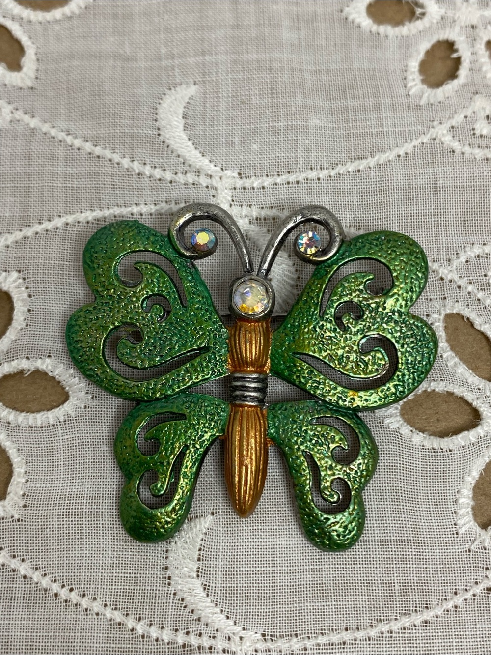 Vintage Patricia Darling Dash DD Green Enamel Butterfly Brooch Rhinestone Pin